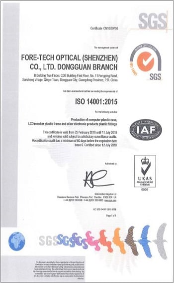 ForeTech Optical (ShenZheng) a la certification ISO14001, elle se concentre sur les systèmes environnementaux pour y parvenir.