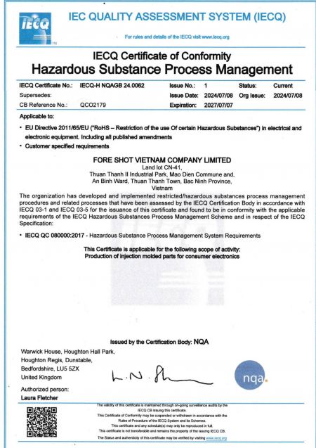 Das Vietnam-Werk hat die QC 080000-Zertifizierung für das Management gefährlicher Substanzen (HSPM) erhalten, um die Einhaltung der Umweltstandards für elektrische und elektronische Komponenten, Produktionsprozesse und Produkte sicherzustellen.