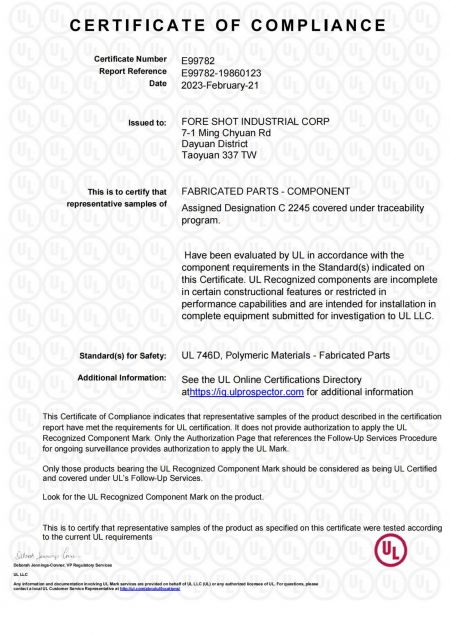 FORESHOT(TW)는 UL 인증을 받았으며 UL LLC의 검사 및 후속 서비스의 적용을 받습니다.