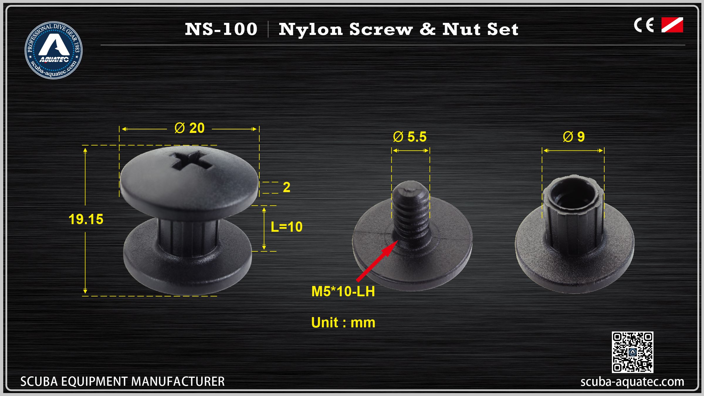 AQUATEC NS-100 Дыяграма дакладных памераў шруб M5x10mm мужчынскага і жаночага нейлону ў мм.