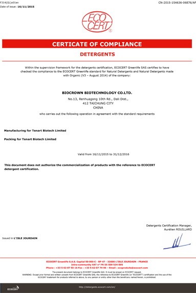 Certificat ECOCERT Greenlife SAS