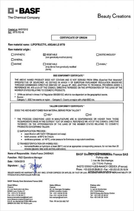LIPOFRUCTYL ARGAN LS 9779 के लिए उत्पत्ति का प्रमाण पत्र