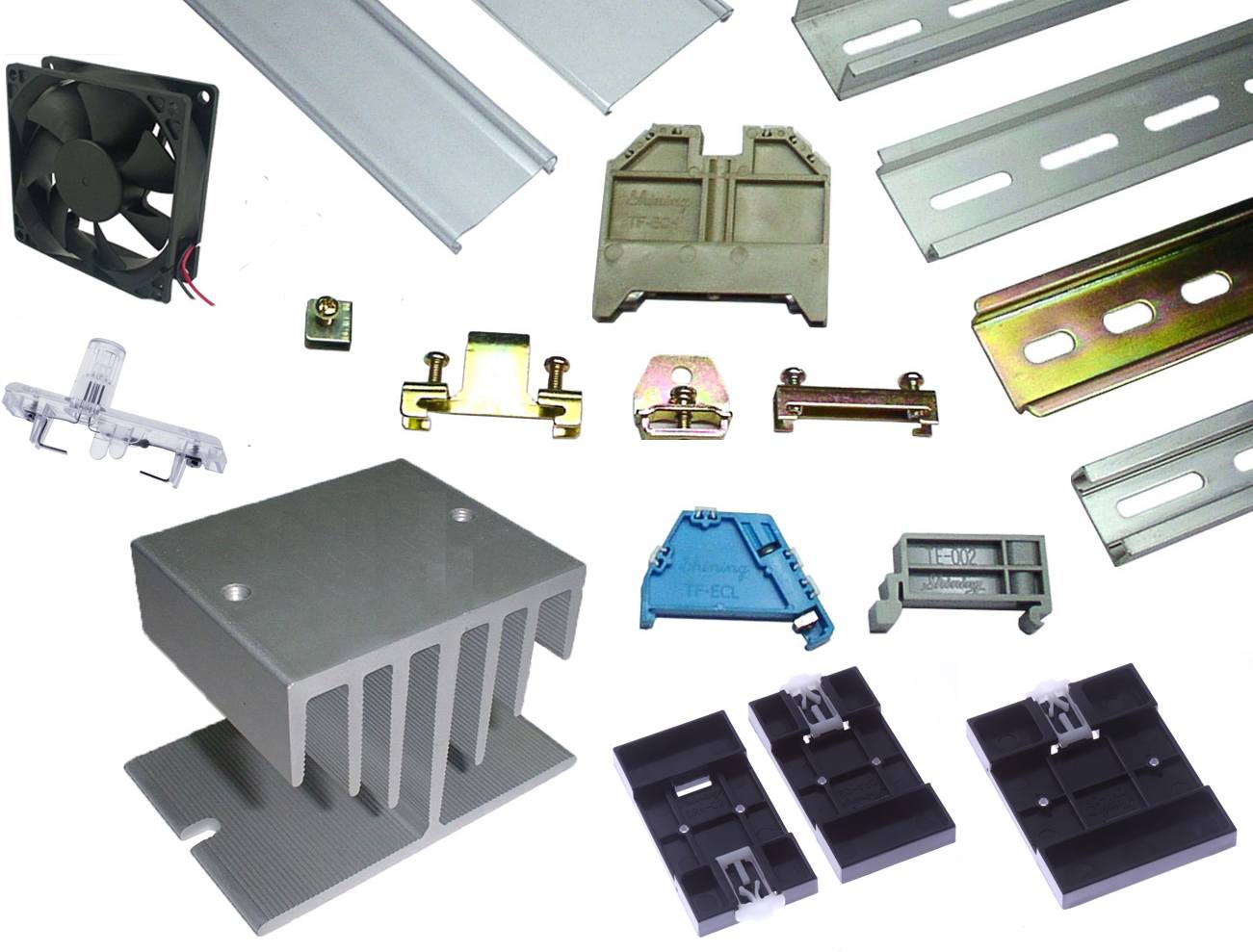 零件 - Din Mount Rail & End Clamp Bracket & Power Failure Indicator & Din Rail Adapter & Heat Sink and Fan
