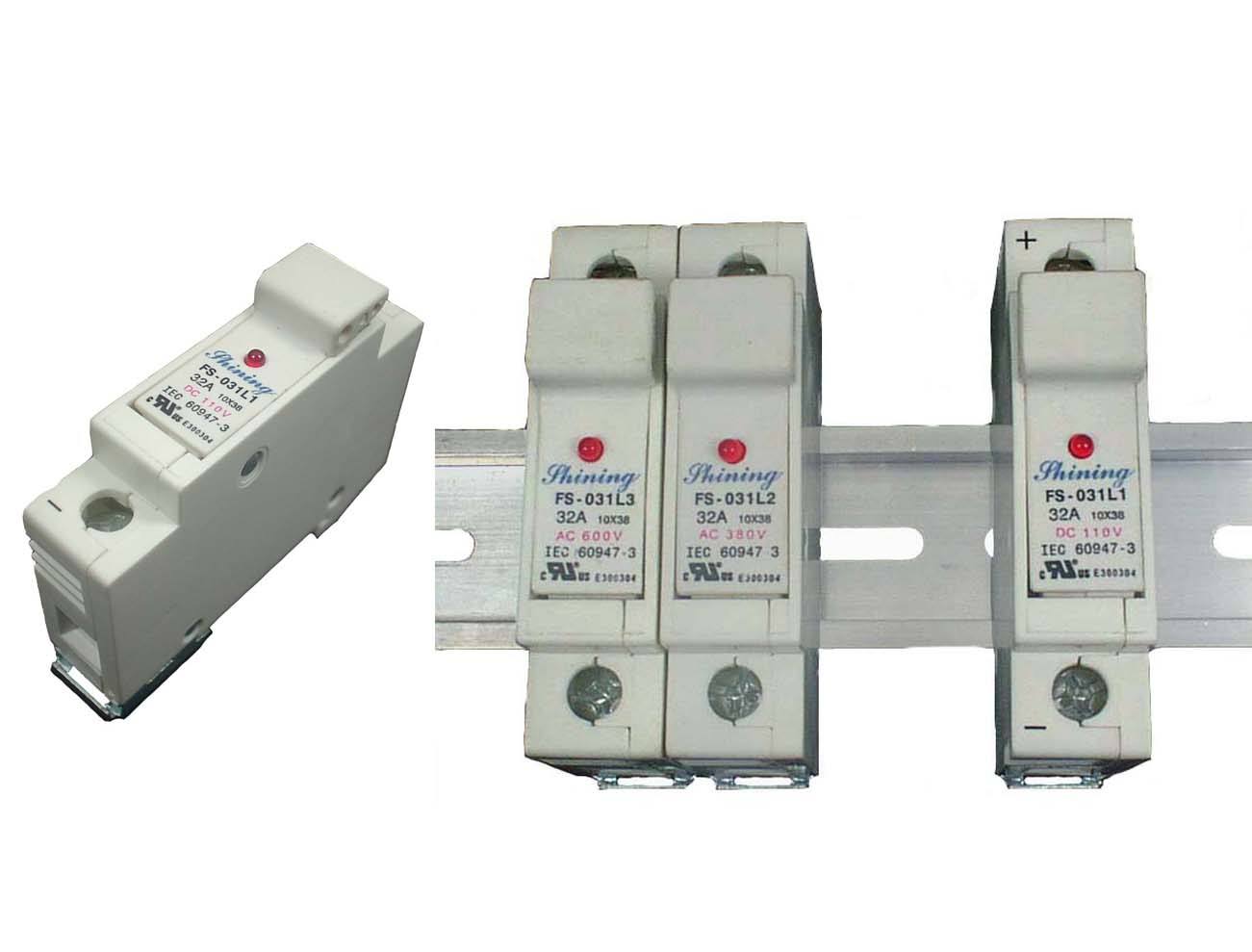 FS-03XL1系列10x38 RT18-32 600V 32A 轨道式保险丝座 - FS-031L1 & FS-032L1 10x38 轨道式保险丝座