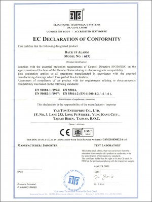 Certificato - . 68X ALLARME DI RETROMARCIA Certificato CE
