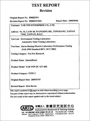 Certificado - . Padrão SAE J994 do alarme de ré 68X REV. SEP. 2014