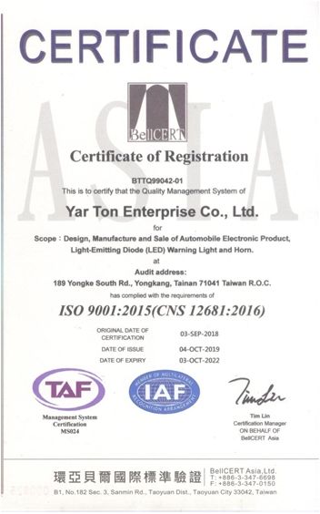 Prix de YARTON - . Certificat d'enregistrement ISO 9001:2015