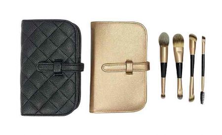 4-Piece Double-Ended Brush & Makeup Bag Set - 8 dual-ended brushes meet full-face needs; ultra-fine, soft nylon fibers offer excellent pickup and comfort.