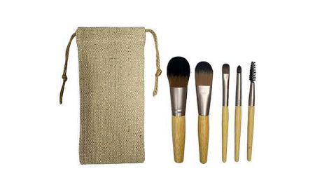 5-Piece Travel Makeup Brush Set with Drawstring Pouch - 5-piece travel set: vegan nylon bristles, ergonomic handles, linen pouch; ideal for travel and daily use.