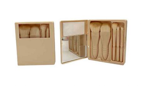 5-Piece Travel Makeup Brush Set with Mirror Case - 5-piece travel set: ultra-soft nylon bristles and ergonomic handles ensure professional, precise application.