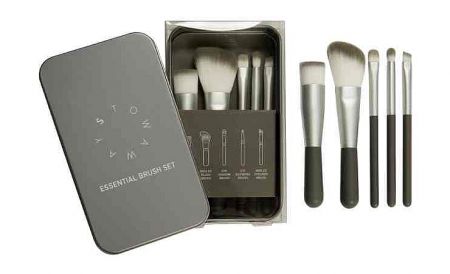 5-Piece Travel Makeup Brush Set with Tin Case - 5-piece tin-case set: vegan nylon fibers, ergonomic handles; durable tin case allows convenient storage/portability.