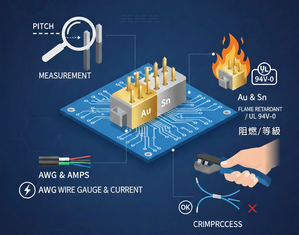 TKP कनेक्टर तकनीकी गाइड: पिच माप, AWG करंट, प्लेटिंग चयन, ज्वलनशीलता, और क्रिम्पिंग प्रक्रिया चित्रण