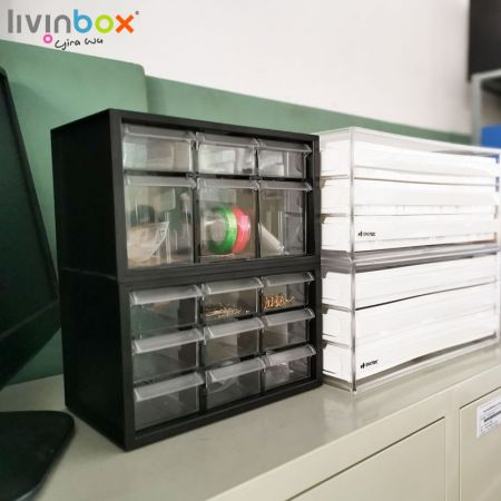 Organizzatore di conservazione in plastica livinbox con 9 cassetti