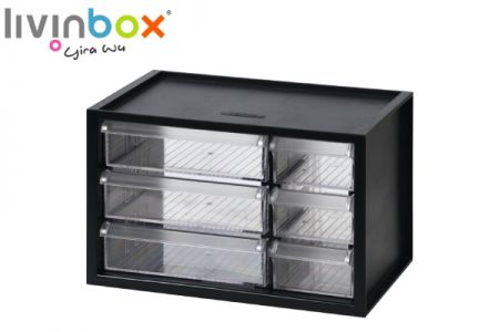 صندوق تخزين بلاستيكي صغير للمكتب مع 6 أدراج باللون الأسود