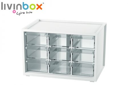 Piccolo armadio di plastica per riporre sulla scrivania con 9 cassetti in bianco