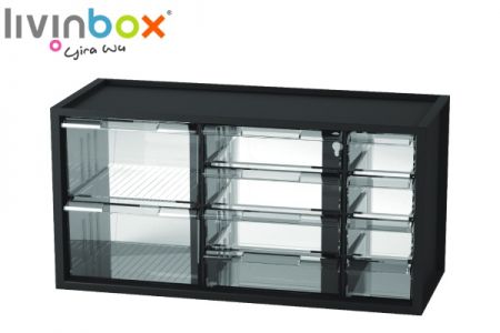 Organizador de escritorio de plástico mediano con 10 cajones mixtos en color negro