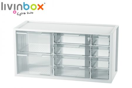 Organizzatore da scrivania in plastica medio con 10 cassetti misti - Organizzatore da scrivania in plastica medio con 10 cassetti misti