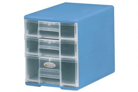 Pure B5 accessories tower with 3 assorted drawers in blue.