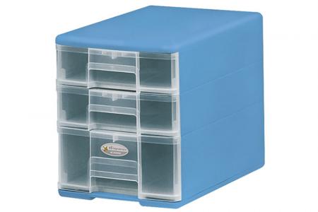 Torre accessori Pure B5 con 3 cassetti assortiti in blu.