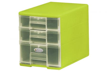 Pure B5 accessories tower with 3 assorted drawers in green.
