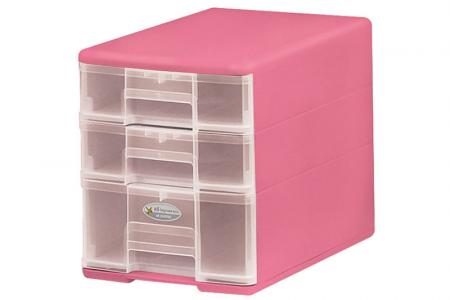 Pure B5 accessories tower with 3 assorted drawers in pink.