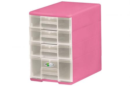 Pure B5 accessories tower with 4 assorted drawers in pink.