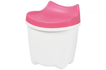 Perabot duduk-dan-simpan LaChatte yang lucu untuk anak-anak dalam warna merah muda.