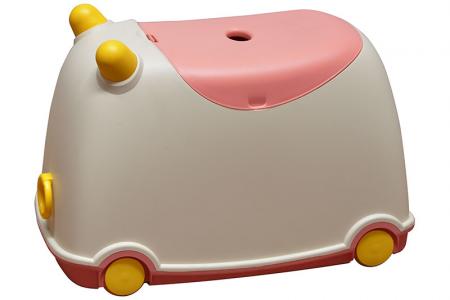 Caixa de armazenamento de brinquedos móvel BuBu para crianças em rosa.