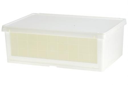 Drop-down door storage box in white.