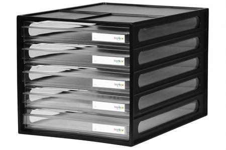 काले रंग में 5 ड्रायर्स वाला वर्टिकल डेस्कटॉप फ़ाइल स्टोरेज।