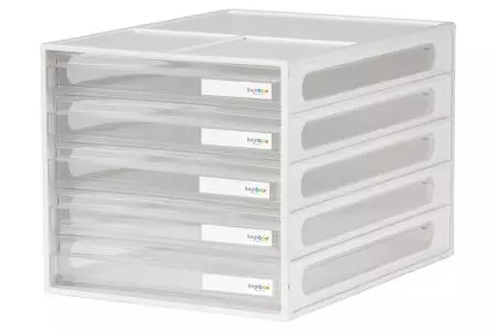 Organizador de escritorio para oficina con 5 cajones. - Almacenamiento vertical de archivos de escritorio con 5 cajones en blanco.