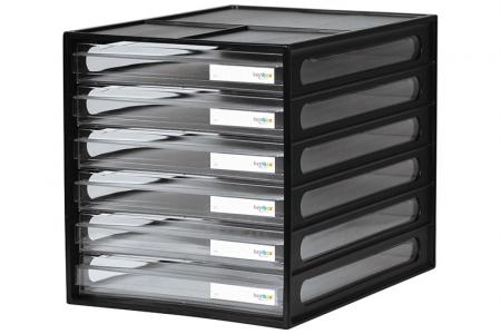 काले रंग में 6 ड्रायर्स वाला वर्टिकल डेस्कटॉप फ़ाइल स्टोरेज।