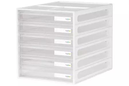 Organizzatore per desktop con 6 cassetti per ufficio - Archiviazione verticale per desktop con 6 cassetti in bianco.