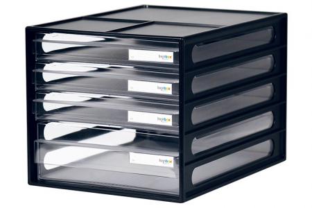 Вертикальное настольное хранилище для файлов с 4 ящиками в черном цвете.