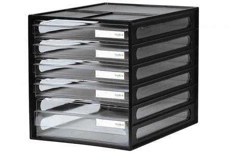 काले रंग में 5 ड्रायर्स वाला वर्टिकल डेस्कटॉप फ़ाइल स्टोरेज।