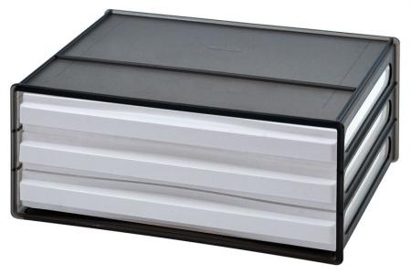 Horizontal desktop file storage with 3 drawers in black.
