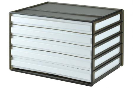 Horizontale Schreibtisch-Ablage mit 5 Schubladen in Schwarz.