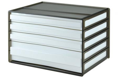Horizontal desktop file storage with 4 drawers in black.
