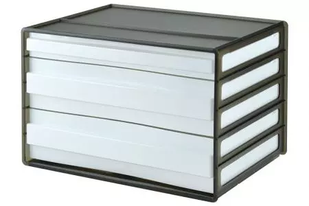 Horizontale Schreibtisch-Ablage mit 3 Schubladen in Schwarz.