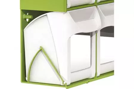 Flip out bin set with 6 drawer compartments in use.