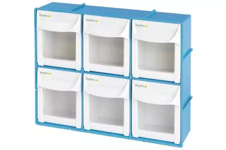 Flip out bin set with 6 drawer compartments in blue.