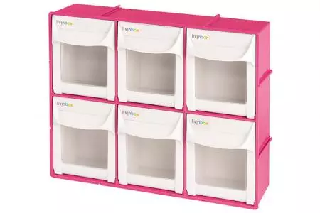 Set kotak putar dengan 6 kompartemen laci berwarna pink.