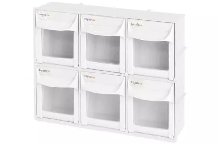 Flip out bin set with 6 drawer compartments in white.