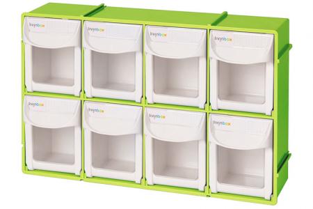 Flip out bin set with 8 drawer compartments in green.