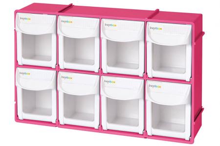 Flip out bin set with 8 drawer compartments in pink.