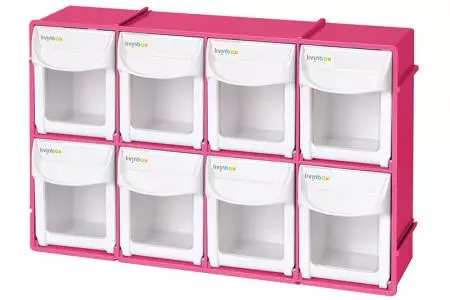 Set di contenitori ribaltabili con 8 scomparti a cassetto in rosa.