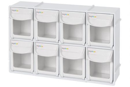 Flip out bin set with 8 drawer compartments in white.