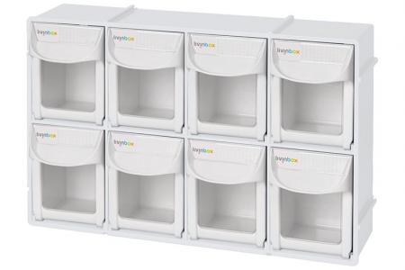 Set di contenitori ribaltabili con 8 scomparti a cassetto in bianco.