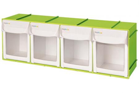 Flip out bin set with 4 drawer compartments in green.