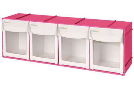 Flip out bin set with 4 drawer compartments in pink.
